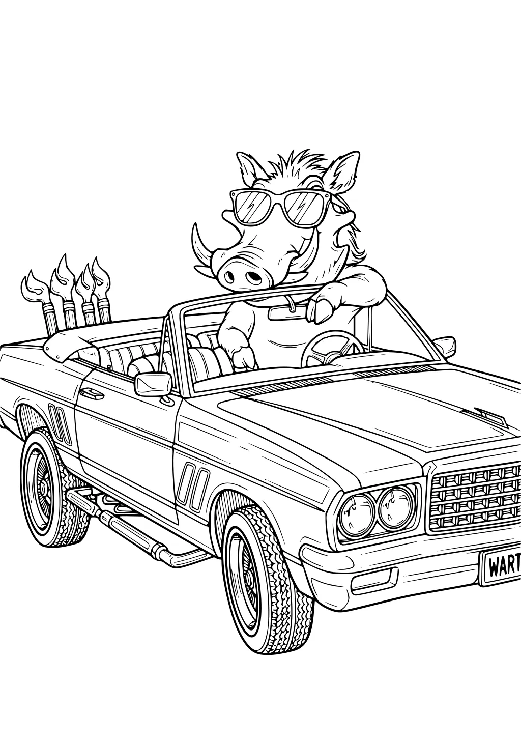 Warthog wearing sunglasses drives a convertible car with paintbrushes in the back seat.