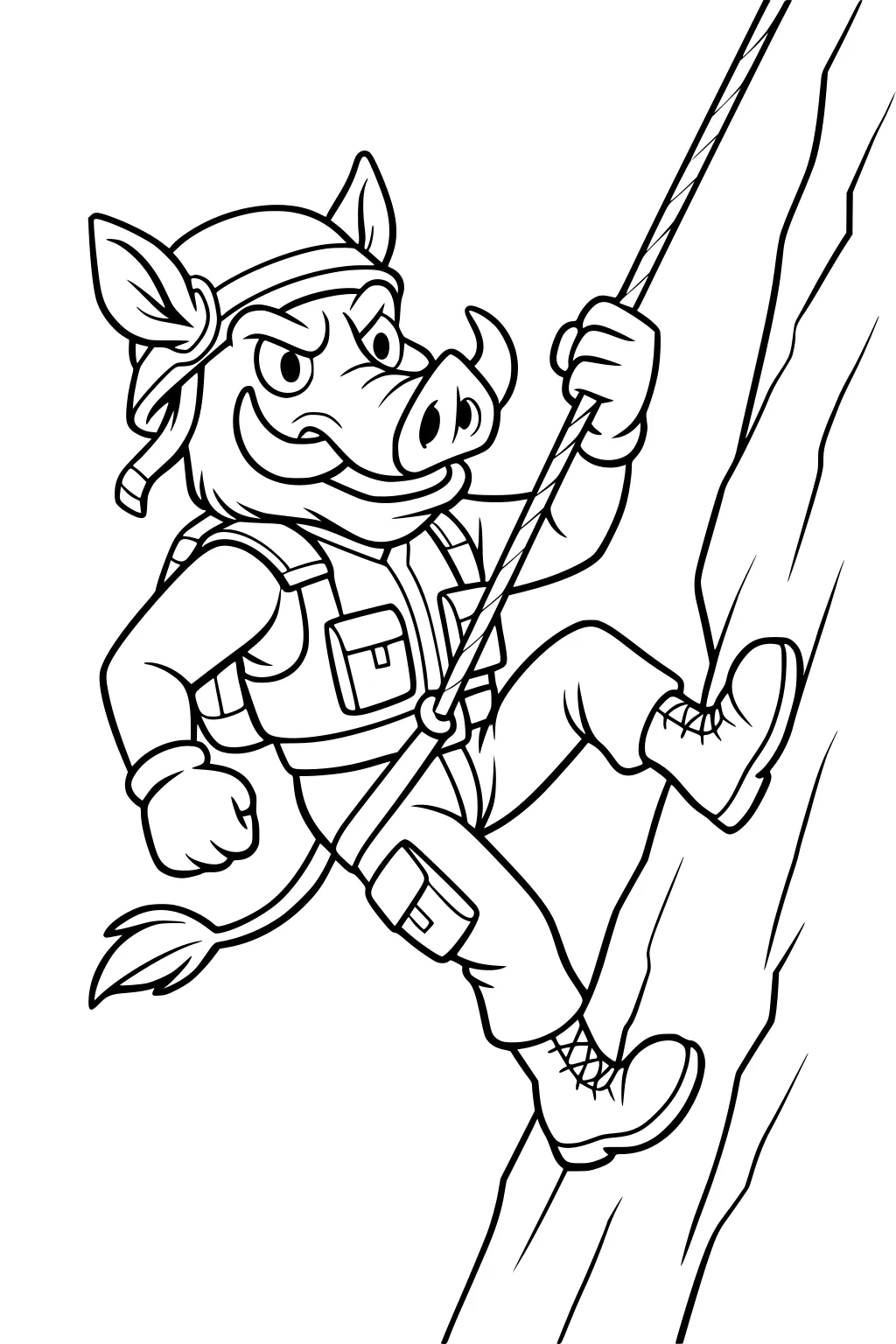 Cartoon warthog in climbing gear scaling a cliff with a rope in one hand and determined expression.