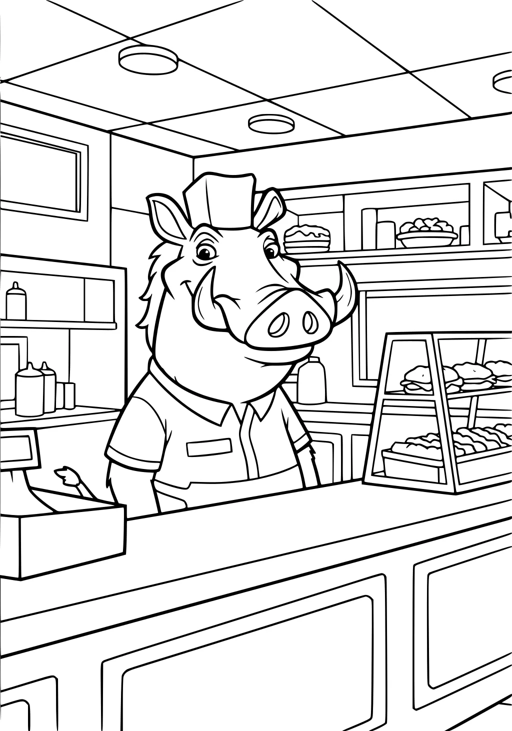 Cartoon warthog in a diner uniform behind counter, pies and sandwiches on shelves and in display case.