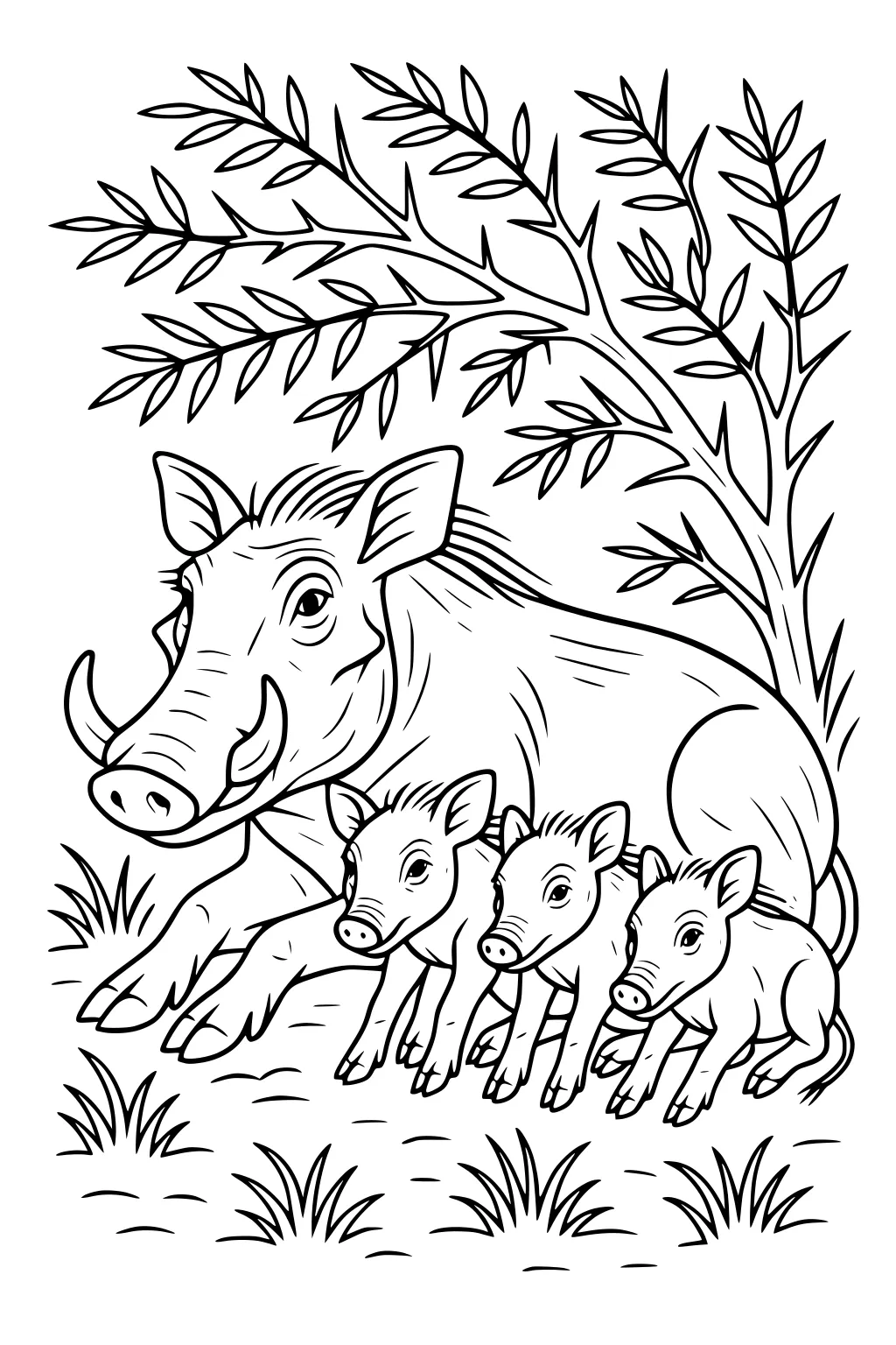 Mother warthog lying under a tree with three piglets resting in front, surrounded by tall grass and leafy branches.