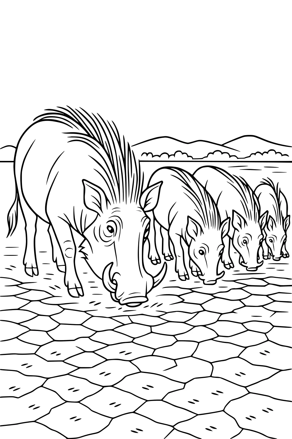 Four warthogs with spiky hair use their snouts to dig at a cracked, muddy waterhole. Distant hills and bushes in background.