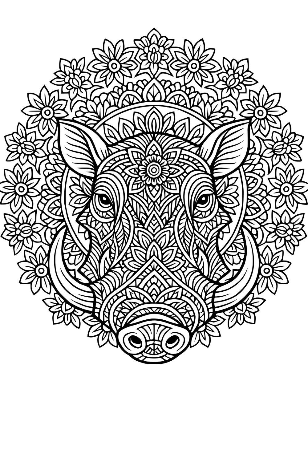 Mandala-style warthog head with swirling patterns and large flower designs framing the face.