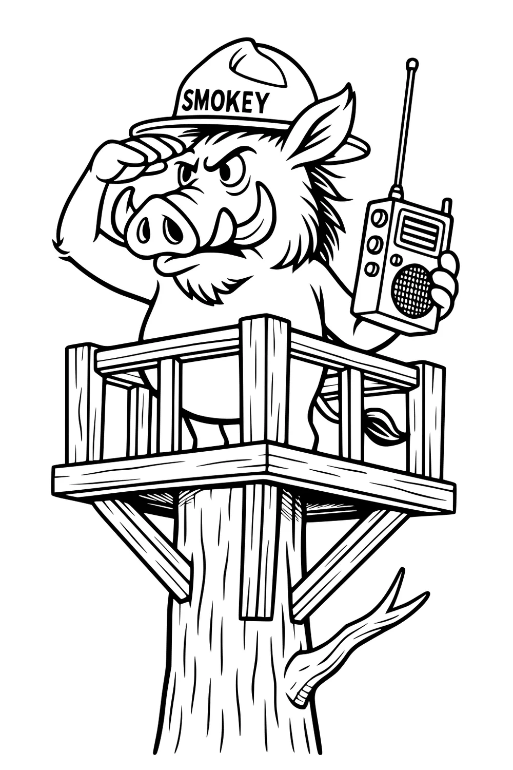 Warthog in firefighter helmet standing in a wooden tree lookout holding a walkie-talkie radio.