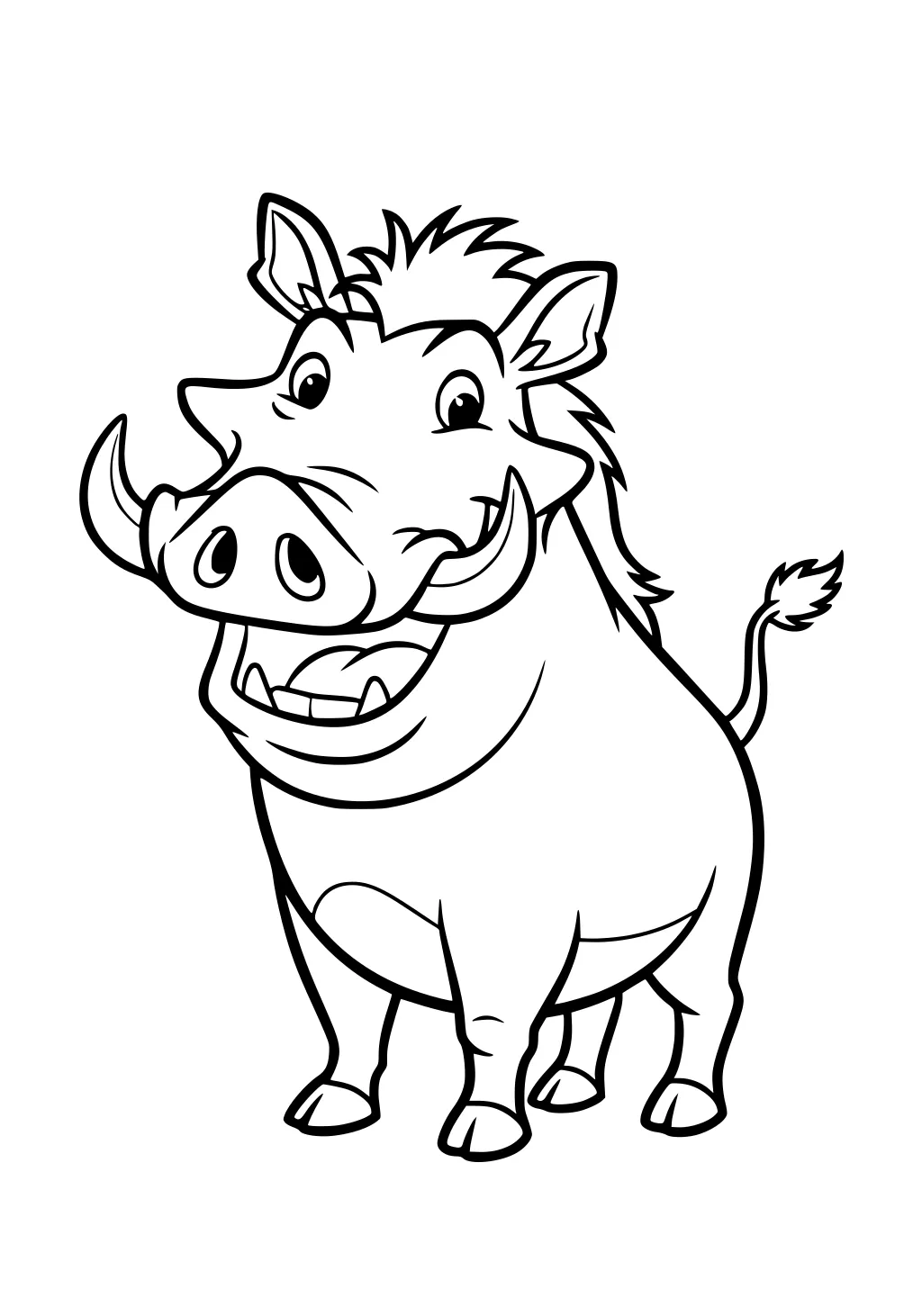 Cartoon warthog smiling with big tusks, pointy ears, a scruffy mane, and a short tail, standing upright.