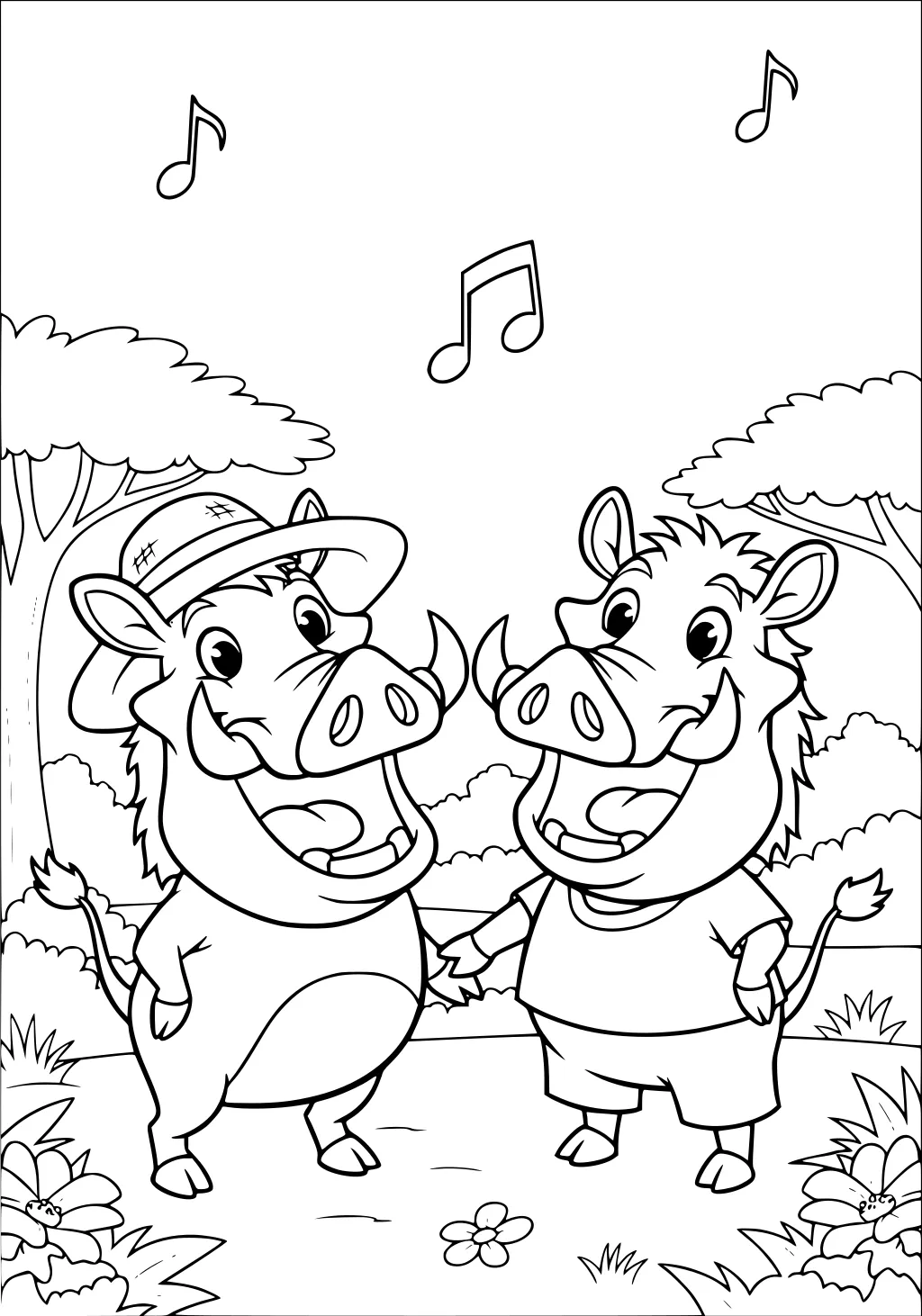 Two cartoon warthogs singing and smiling in a sunny field, wearing a hat and t-shirt, with music notes and trees in the background.