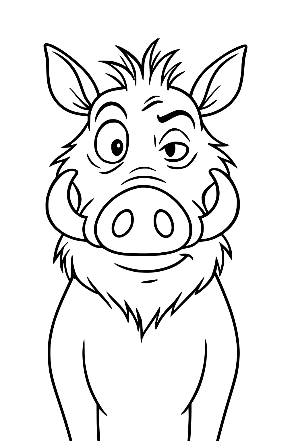 Cartoon warthog with messy hair, big round eyes, raised eyebrows, curved tusks, and large ears on a white background.