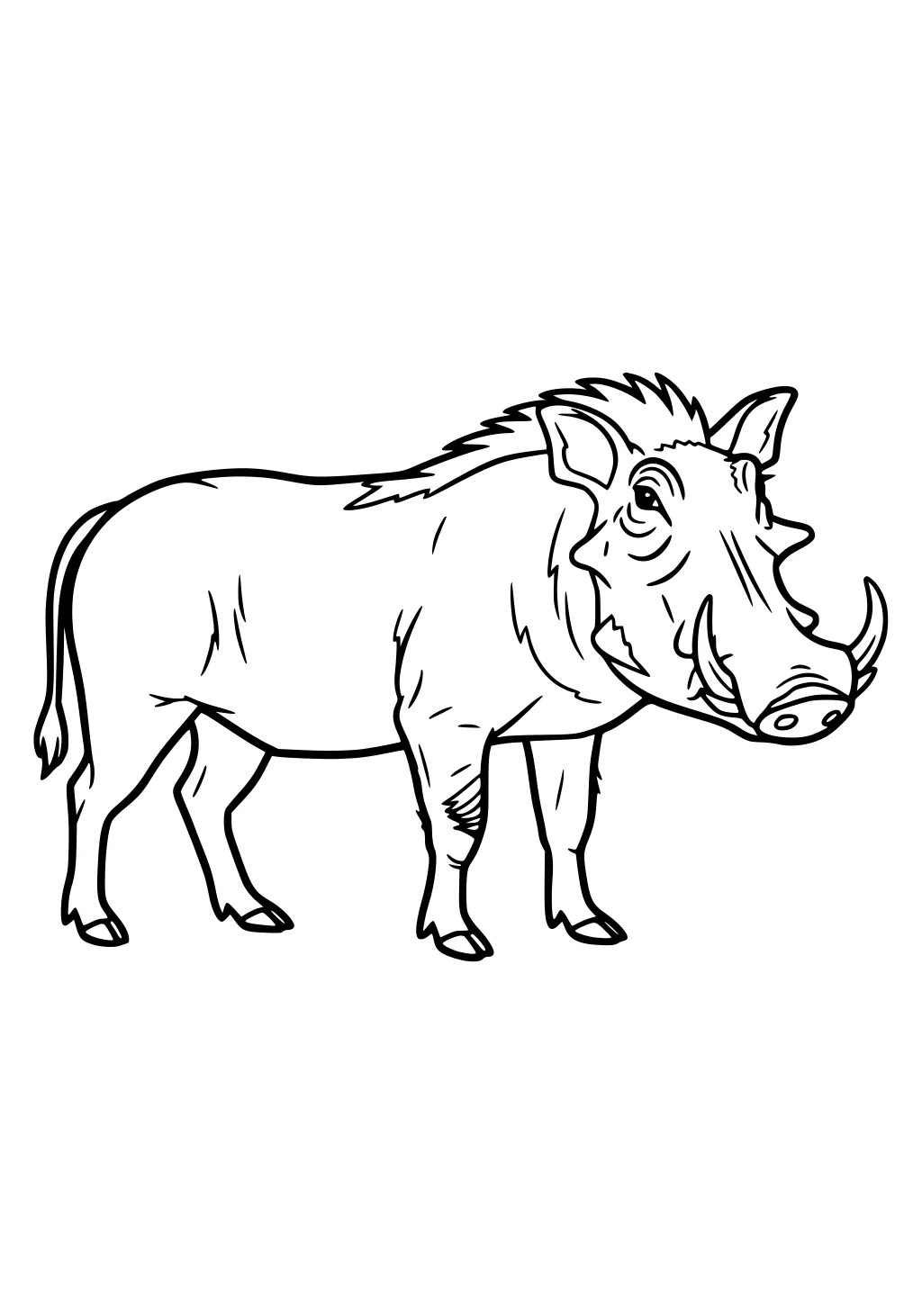 Line drawing of a full-body warthog with big tusks, spiky mane, wrinkled legs, and a raised tail, facing slightly forward.