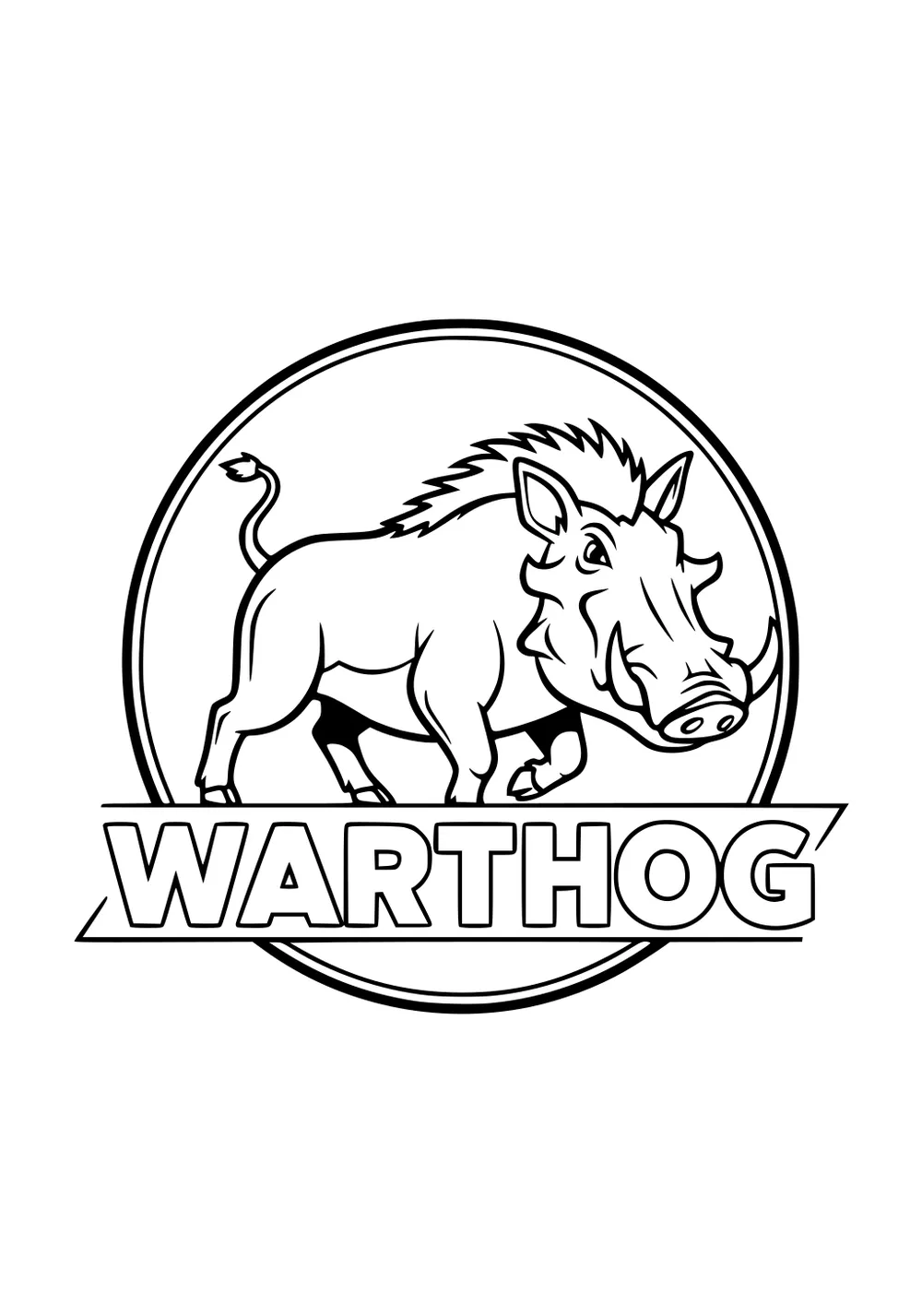 Cartoon warthog with tusks in a circle, tail curled up, standing above bold word WARTHOG.