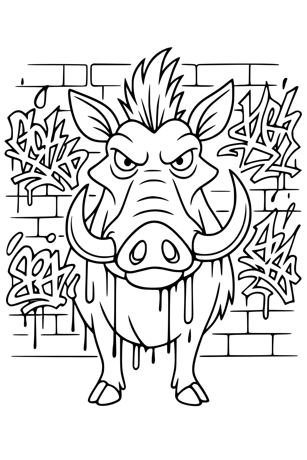 Warthog with spiky hair and large tusks in front of graffiti brick wall.