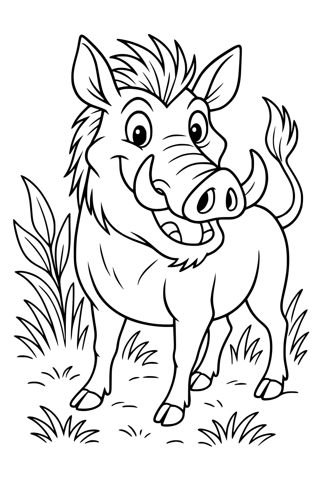 Cartoon warthog with big tusks and wild mane standing in grass with a huge grin.