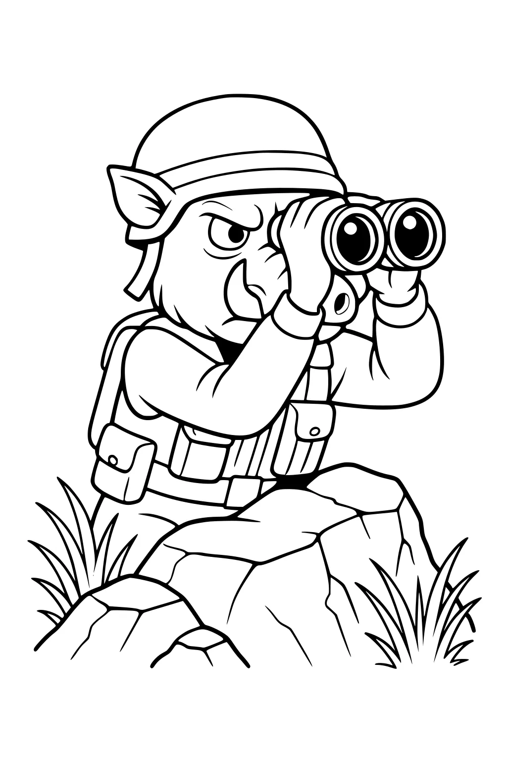 Cartoon warthog in helmet and vest using binoculars behind rocks and grass.