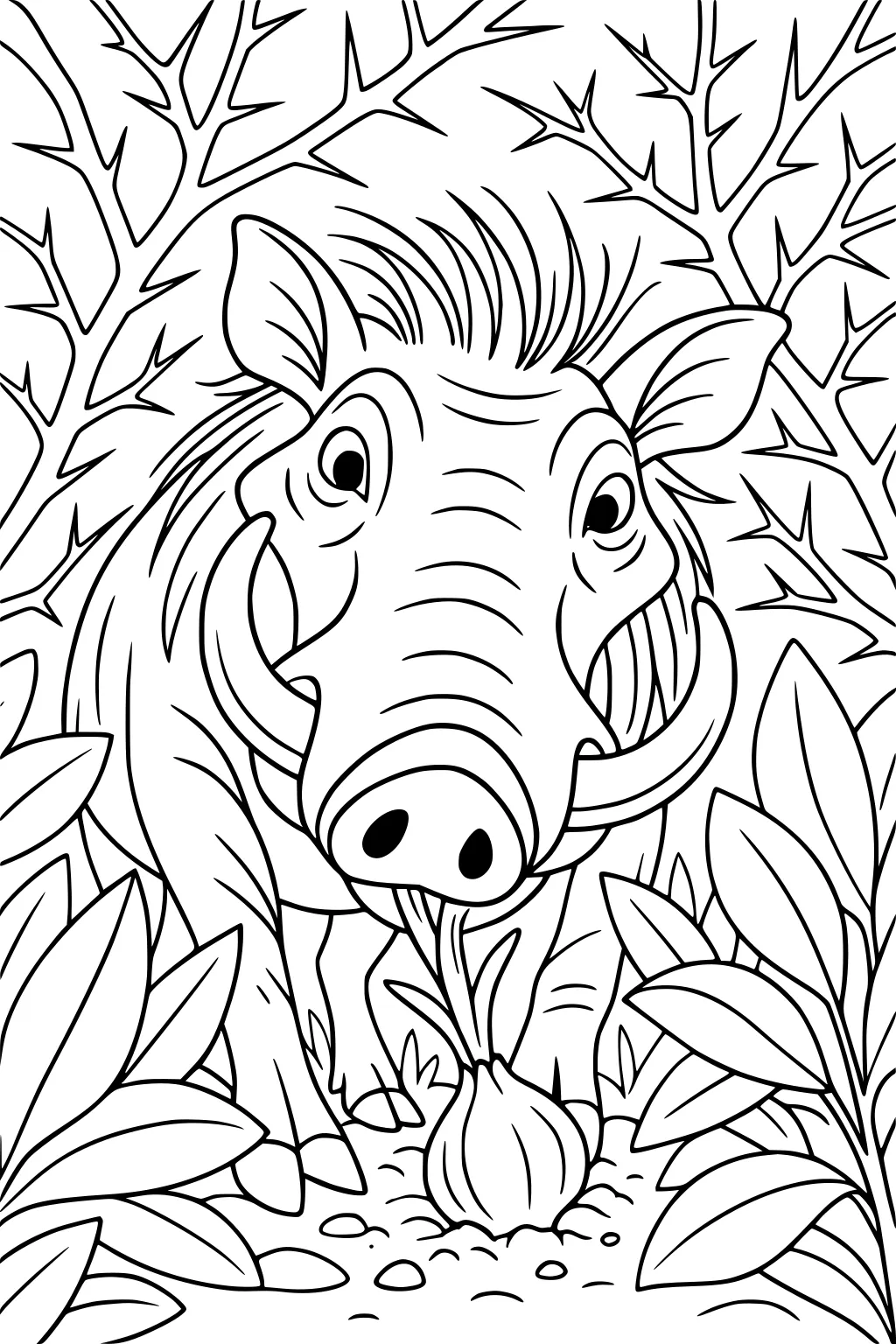 Warthog chewing a wild onion, surrounded by thorny branches and leafy plants.