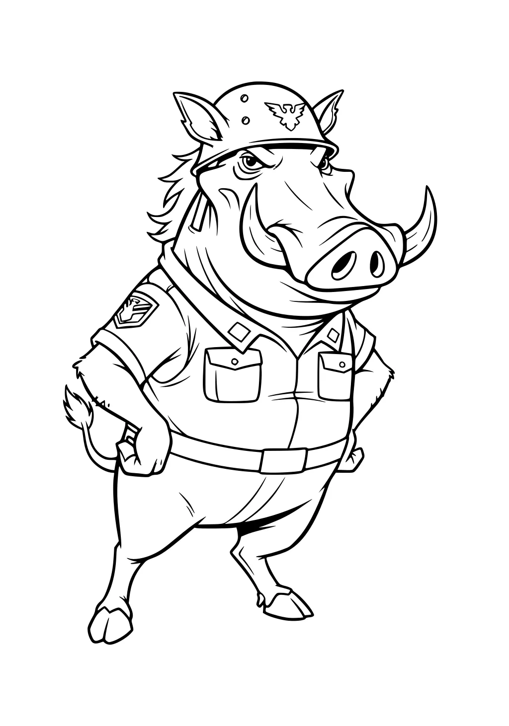 Cartoon warthog in a uniform and helmet stands with hands on hips, showing off tusks and a bushy tail.
