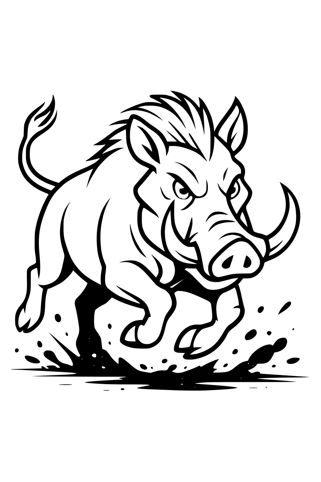 Running warthog splashing through mud with raised mane and curved tusks.