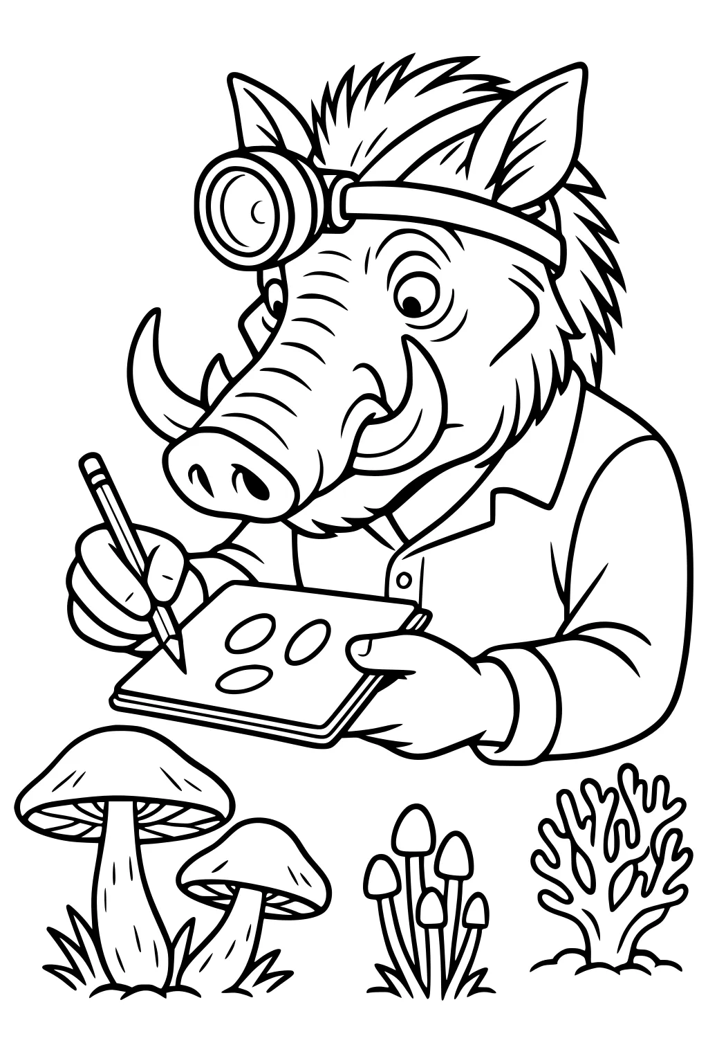 Cartoon warthog scientist drawing mushrooms and plants in a notebook, with mushrooms and coral-shaped plant below.