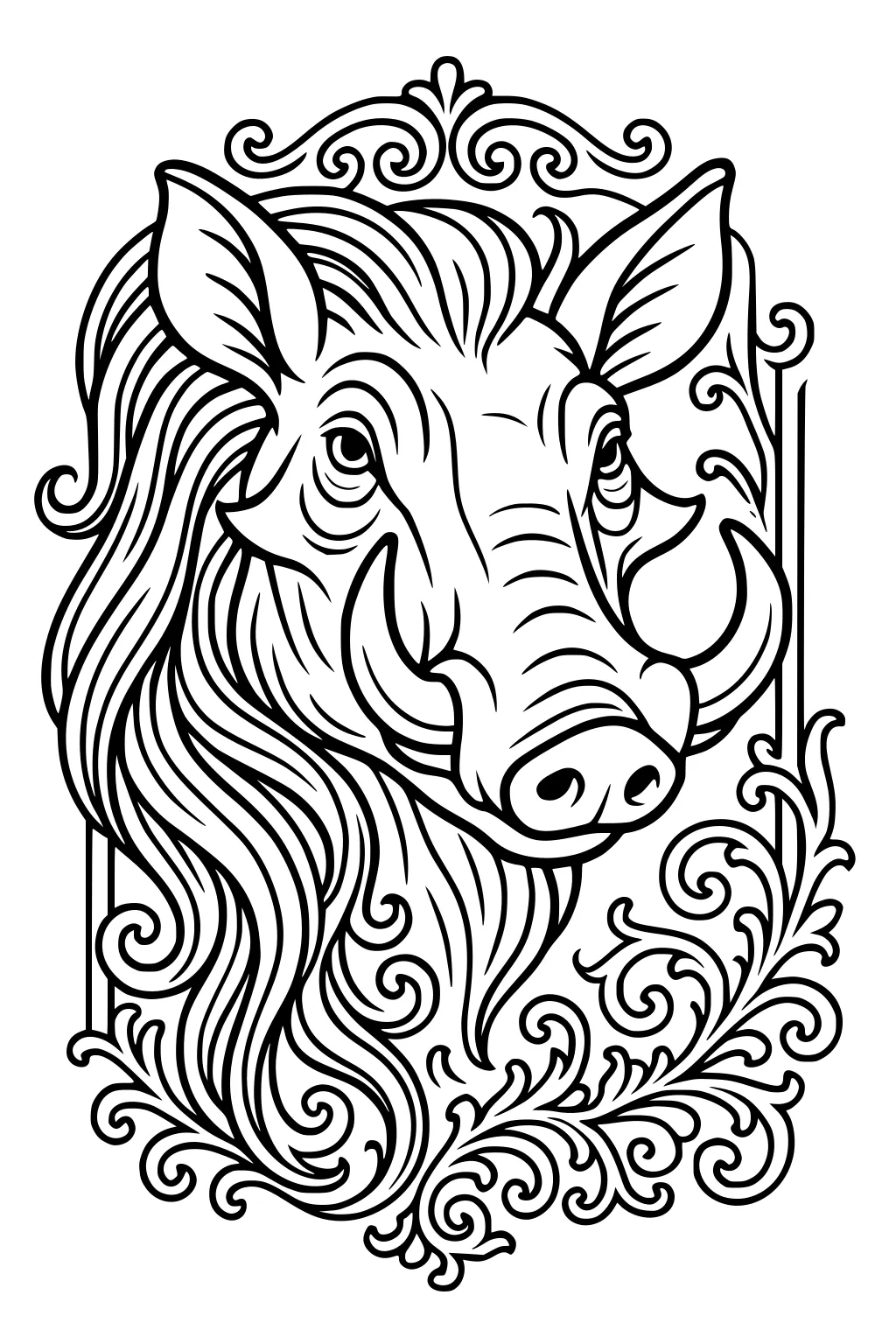 Warthog head with wavy mane, large ears, tusks, and decorative swirling border lines.