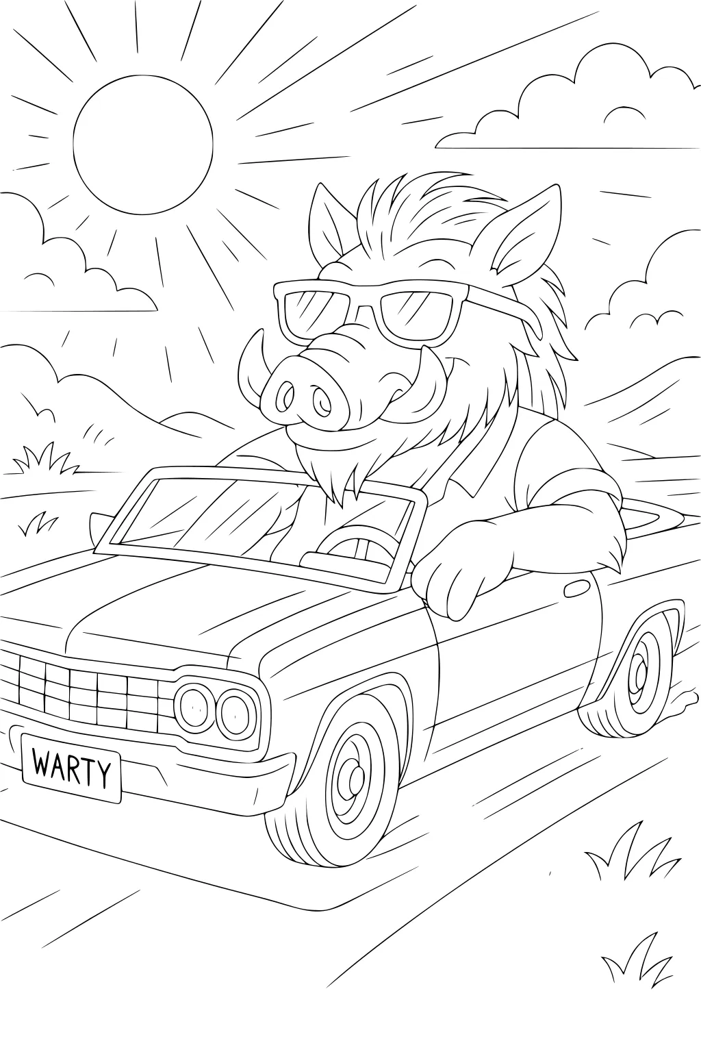 Warthog wearing sunglasses drives a convertible car marked 'WARTY' in sunny countryside with clouds and grassy hills.