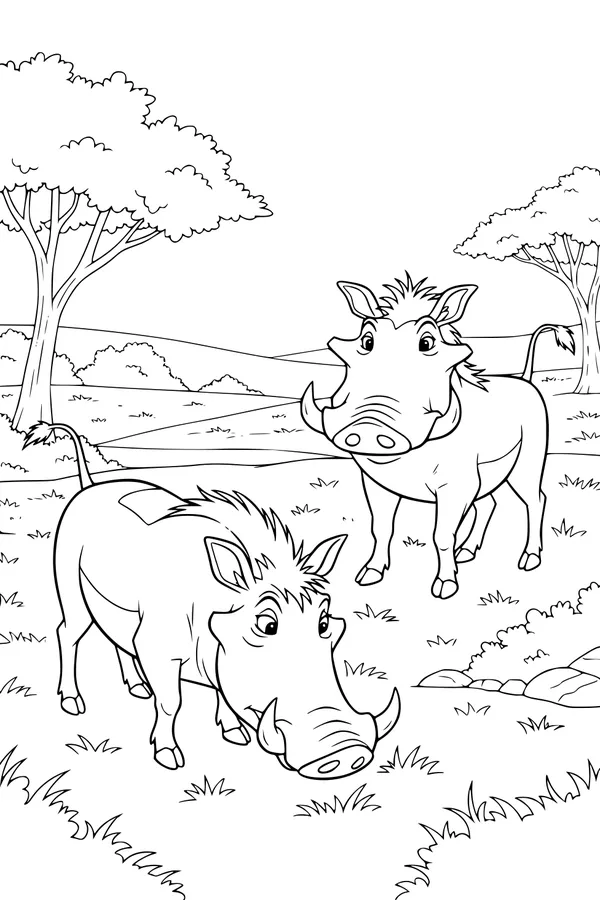 Two Warthogs Roam the Sunny Savanna