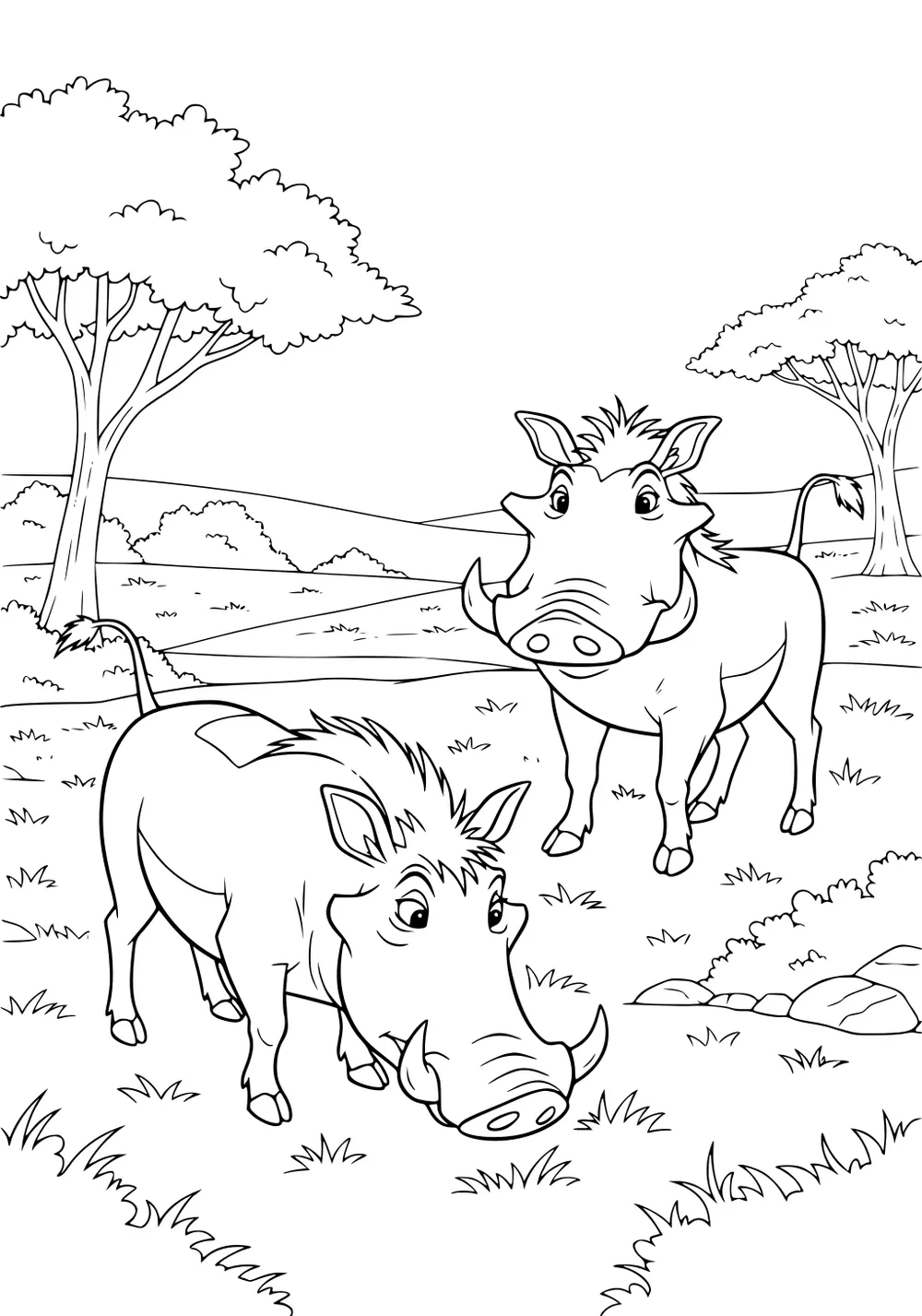 Two cartoon warthogs in a grassy savanna, one eating grass and one looking ahead, with trees and hills in the background.