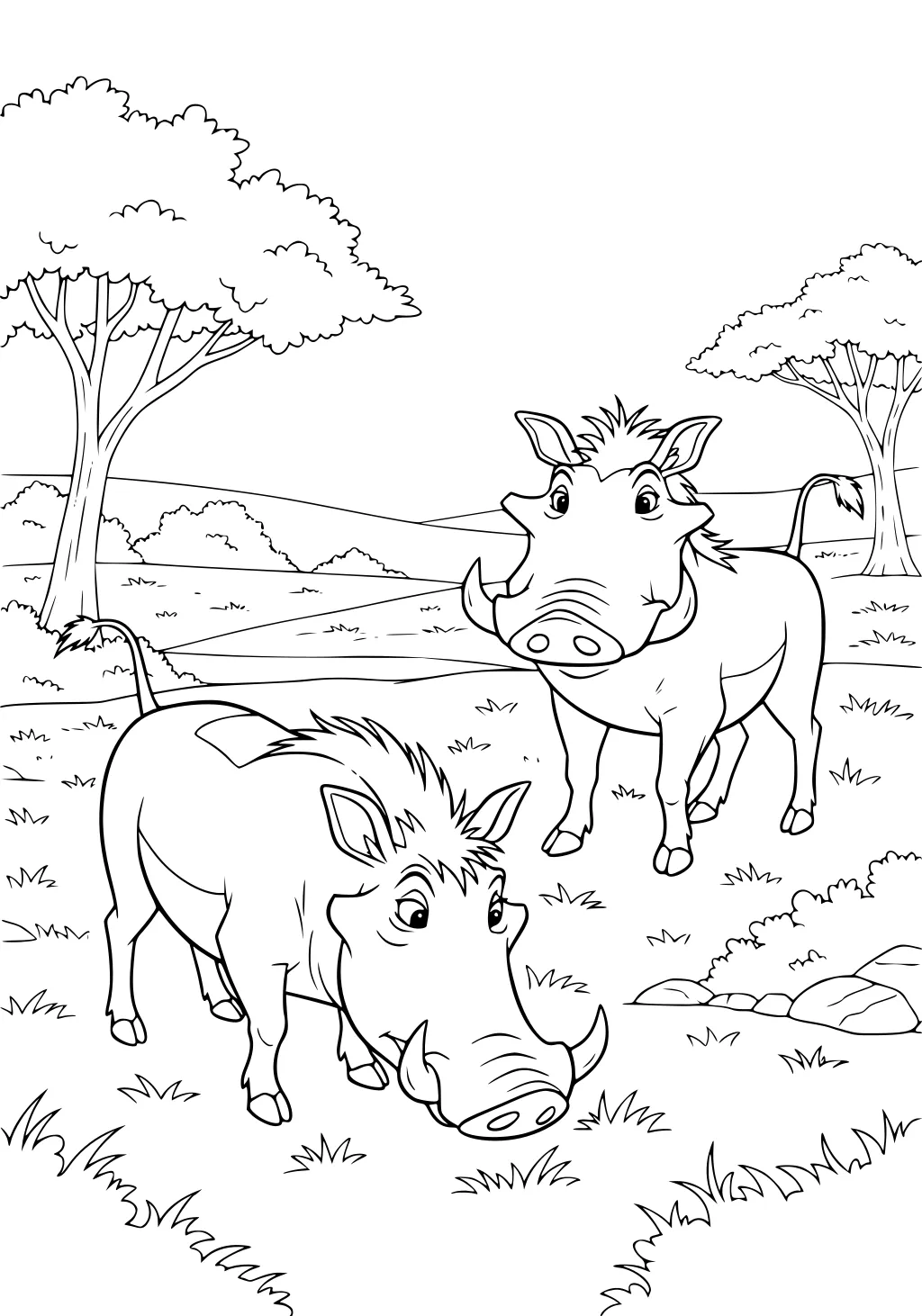 Two cartoon warthogs in a grassy savanna, one eating grass and one looking ahead, with trees and hills in the background.