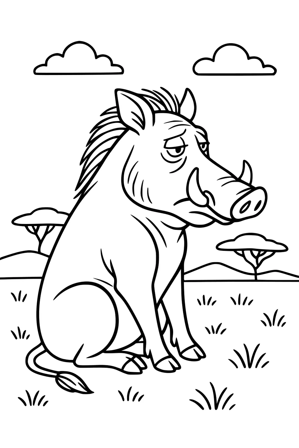 Cartoon warthog sitting on grass with clouds, trees, and hills in the background.