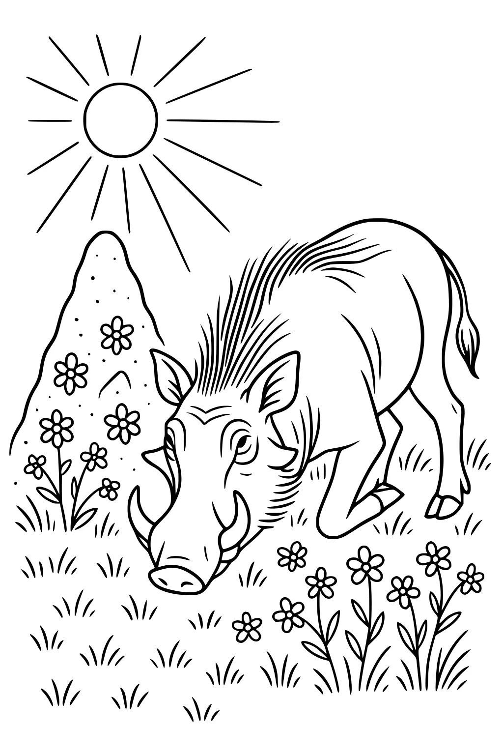 Warthog bending to sniff flowers under a bright sun, with a hill and wildflowers around.