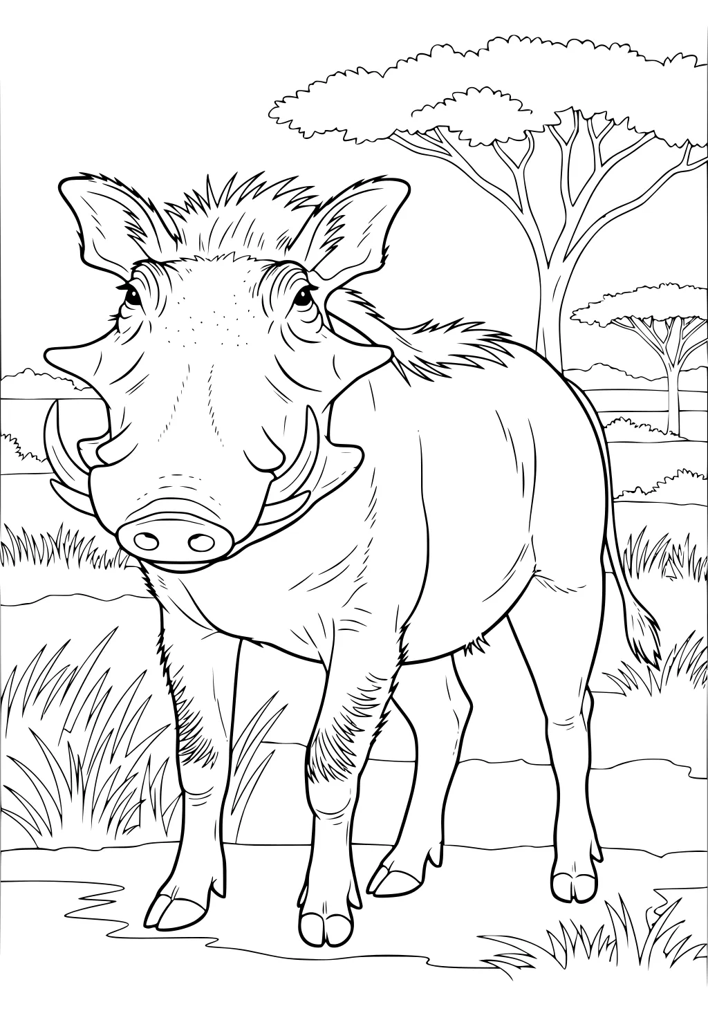 Warthog with big tusks and bristly mane standing on grassy savannah with trees and bushes in the background.