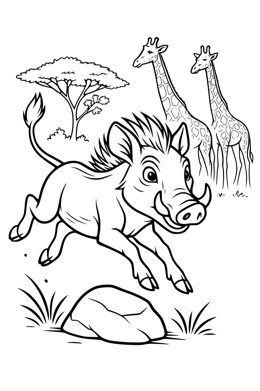 Warthog jumping over a rock in grass, smiling, with two giraffes and a tree in the background.
