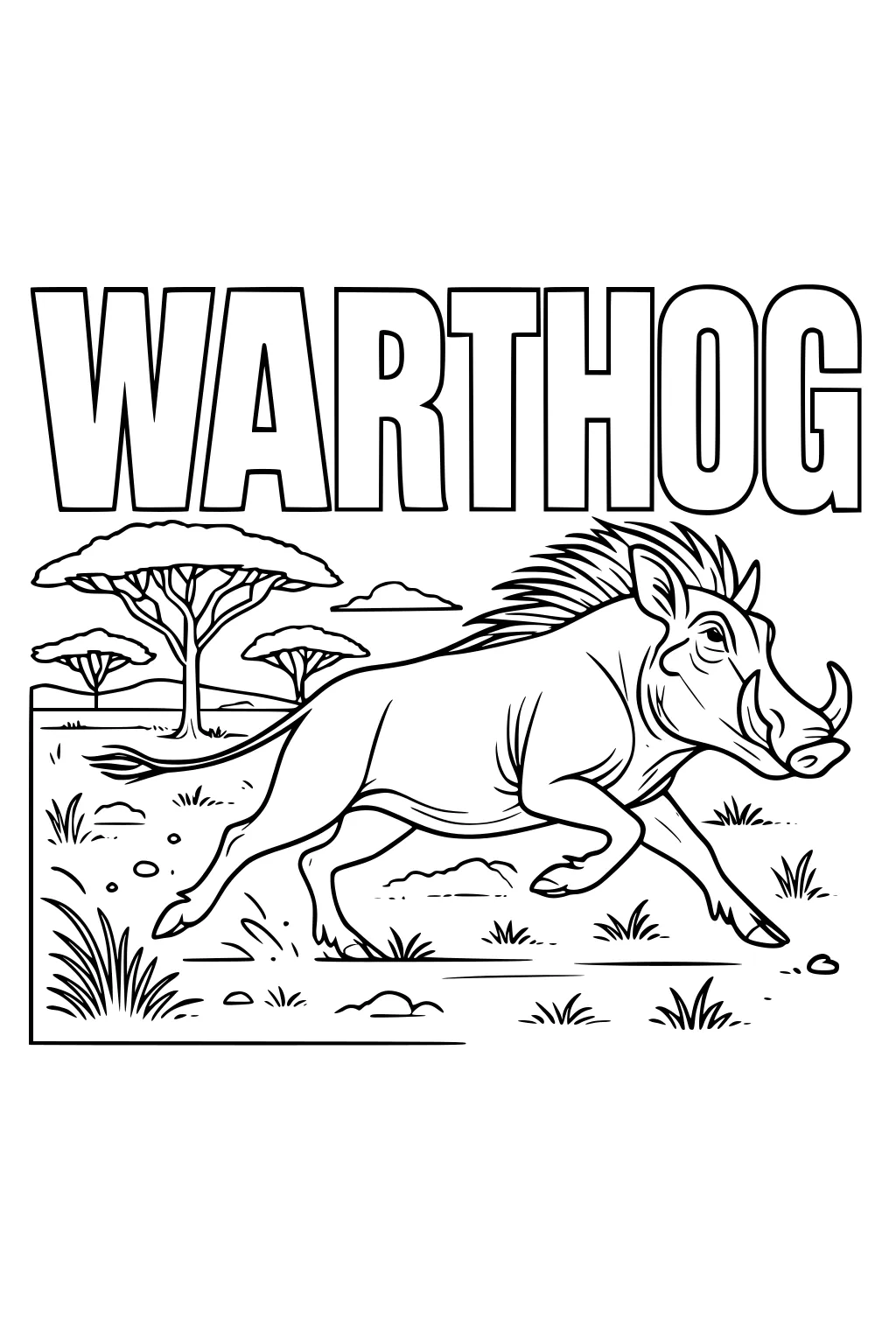 Warthog running on savanna grass with acacia trees and large WARTHOG text above.