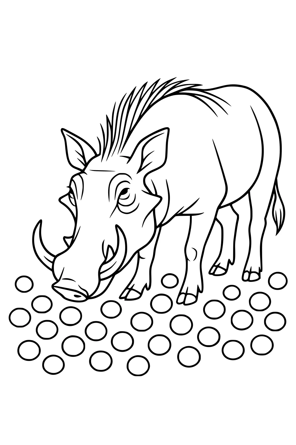 Cartoon warthog with spiky mane and big tusks surrounded by large circles on the ground.