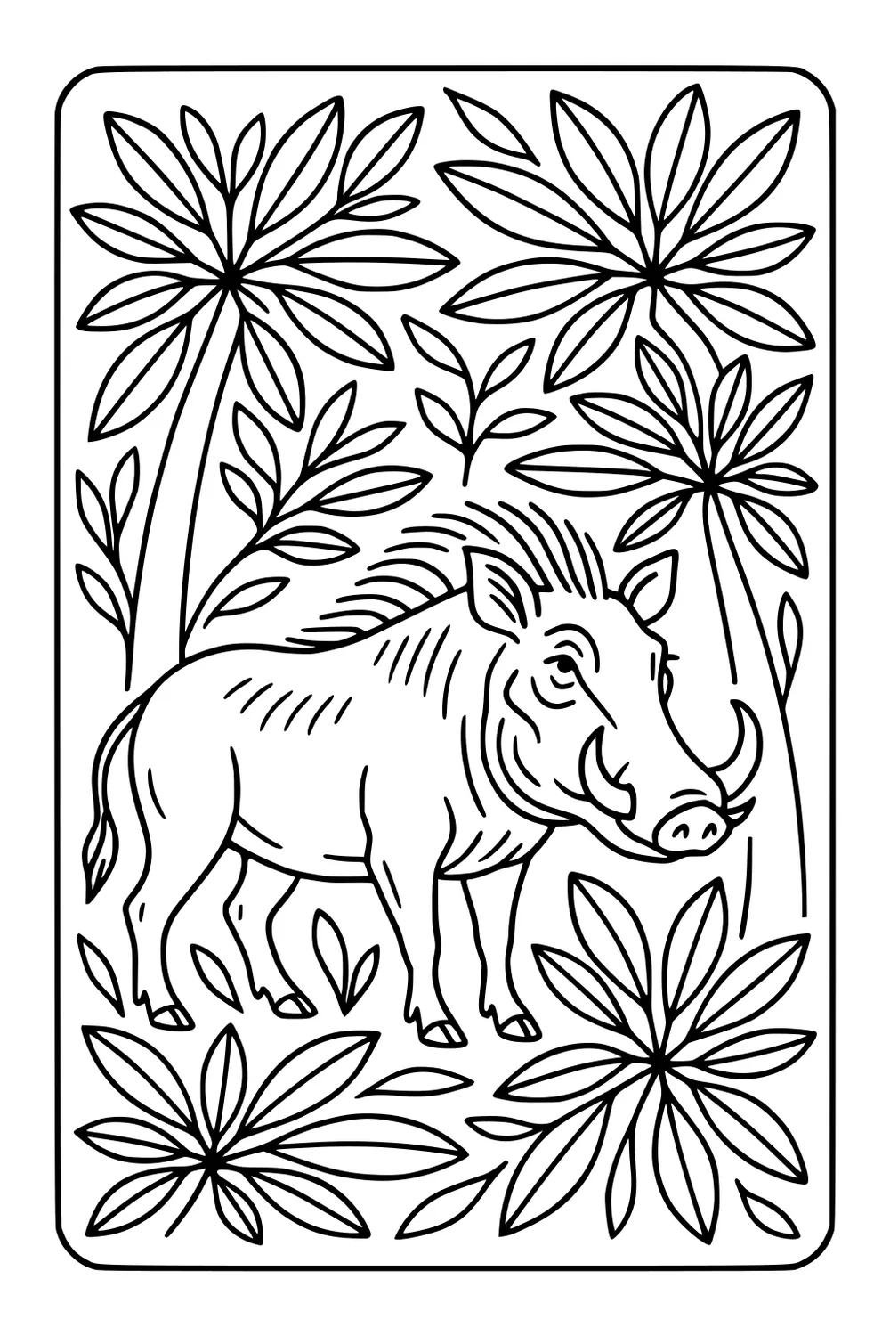 Warthog standing under tall leafy plants with large leaves on all sides, surrounded by jungle foliage.