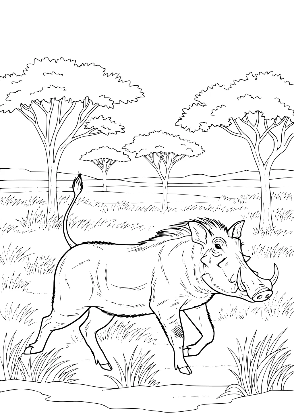 A warthog walking through tall grass in a savanna with several large trees and distant hills.