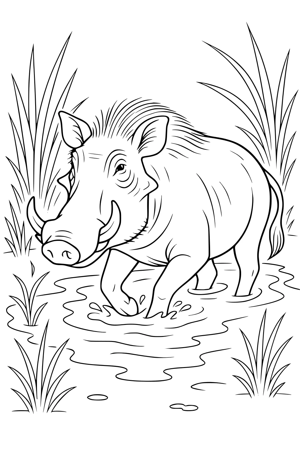 Warthog with big tusks splashing in a pond among tall grass and water puddles.