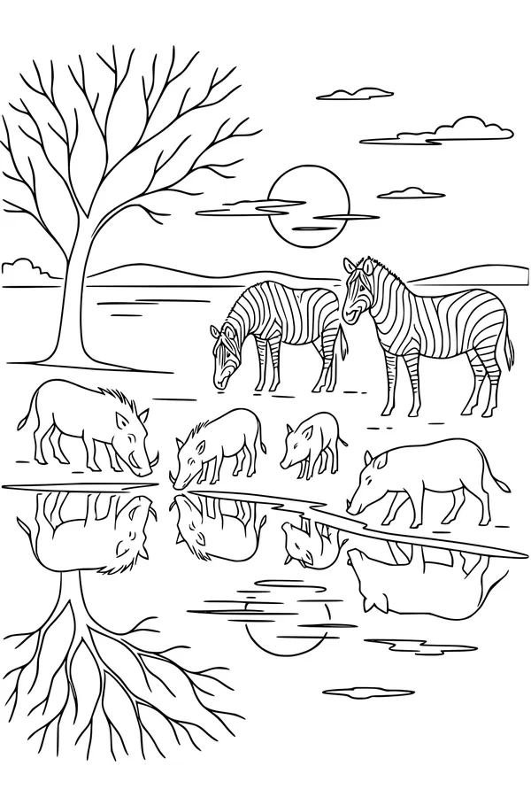 Warthog Family at the Sparkling Waterhole
