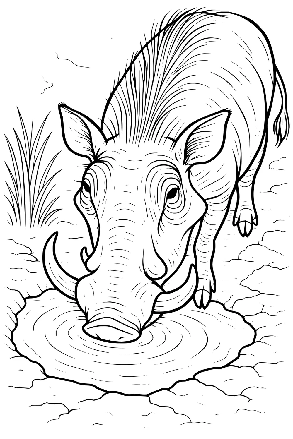 Warthog with tusks drinking from a puddle surrounded by cracked earth and grass.