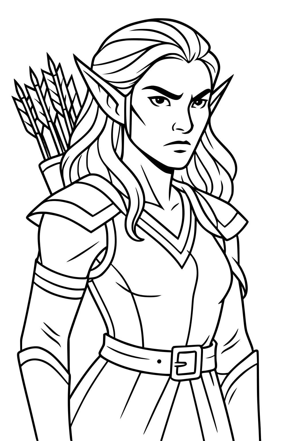 Line art of a serious female elf ranger with pointed ears, long hair, armor, belt, and a quiver of arrows on her back.