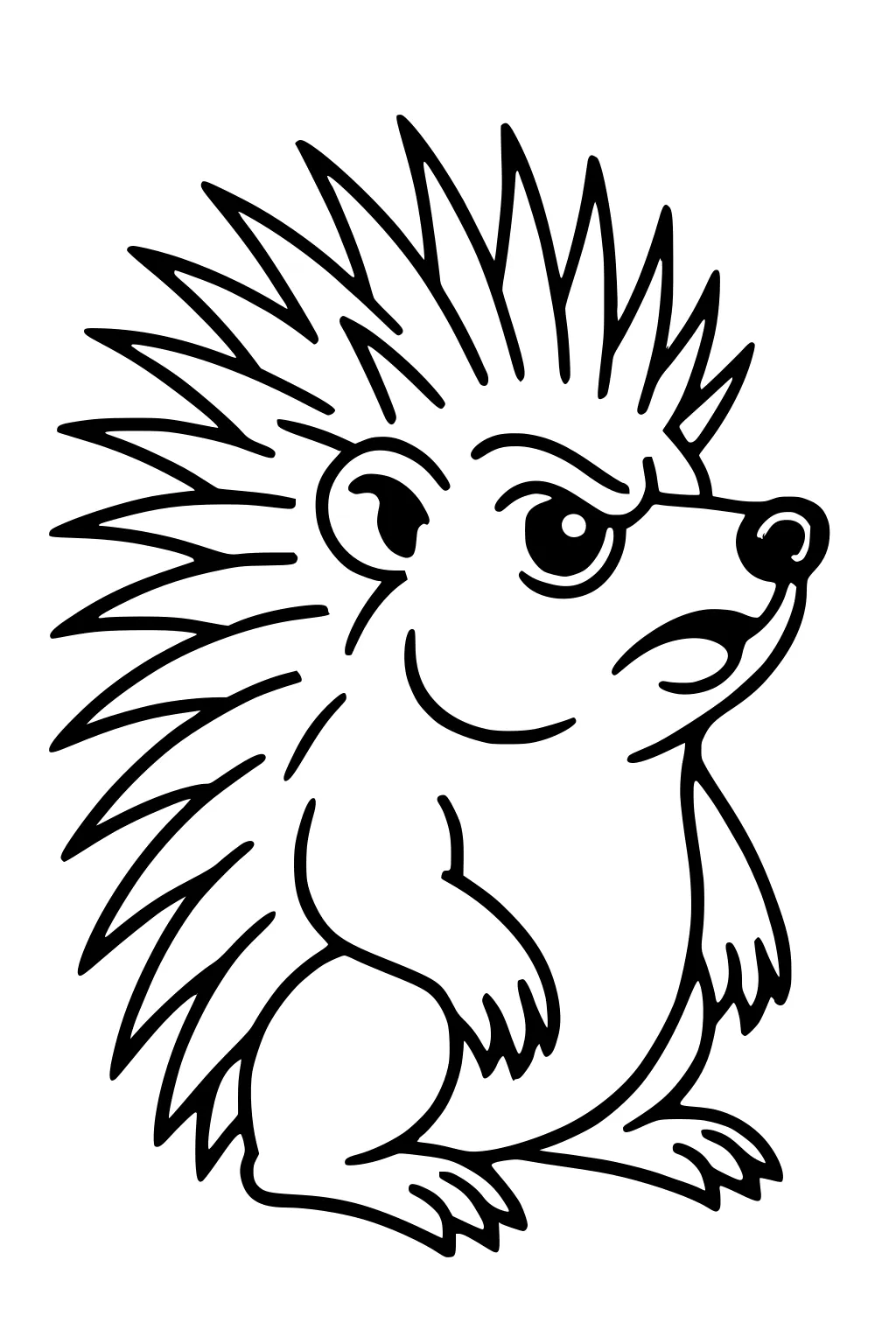 Cartoon hedgehog standing upright with spiky quills, round body, and a determined facial expression.