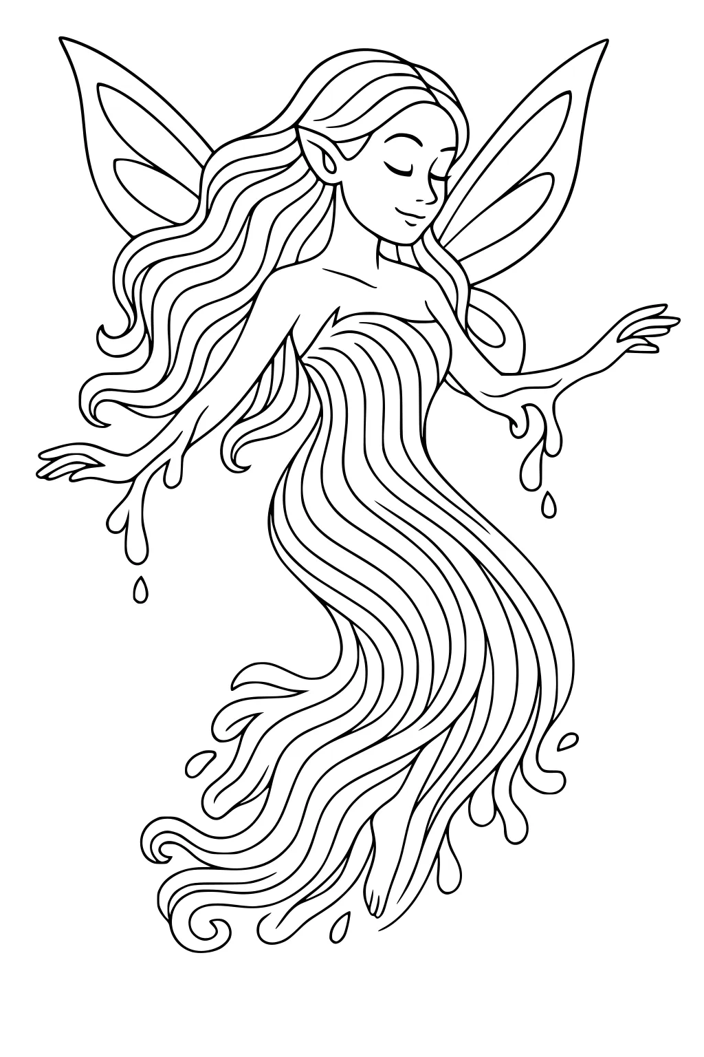 Fairy girl with wings, closed eyes, long hair, and a dripping wavy dress floating gently.