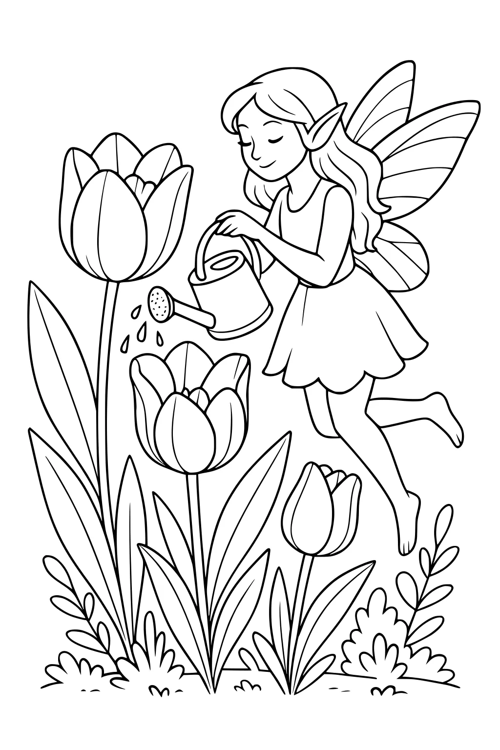 Fairy girl with wings waters tall tulips, flying above leaves and bushes as drops fall onto petals in simple line art.