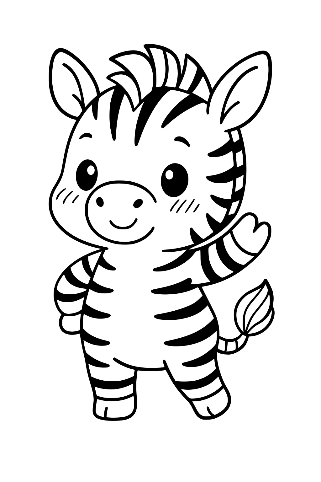Cartoon baby zebra waving, smiling with big eyes, bold stripes, short mane, big ears, and a tufted tail on white background.