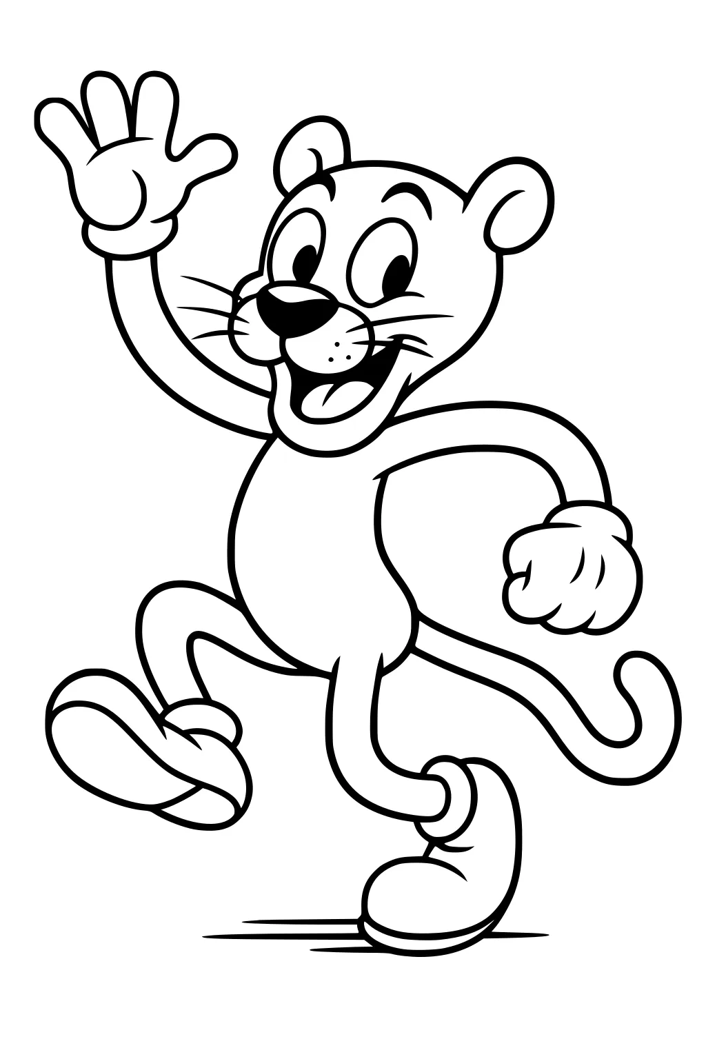 Cartoon panther with a big smile waving one paw while standing upright and wearing large shoes.
