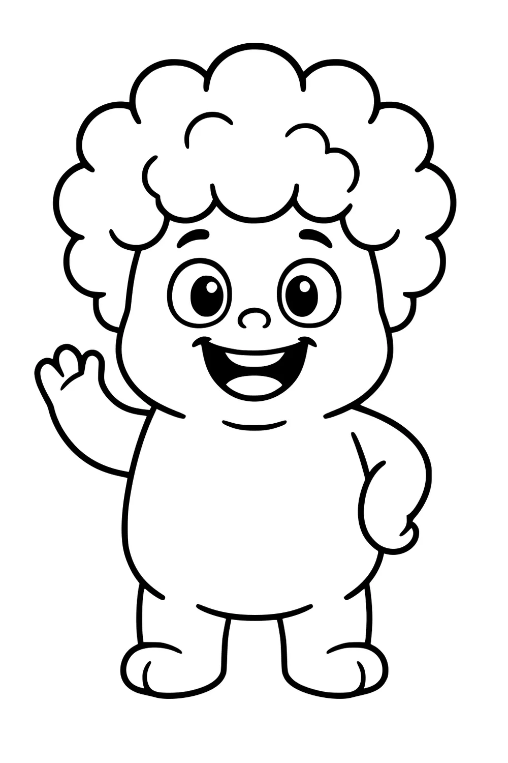 Smiling round boy monster with fluffy curly hair, waving with one hand and other on hip, big eyes, bold simple outlines