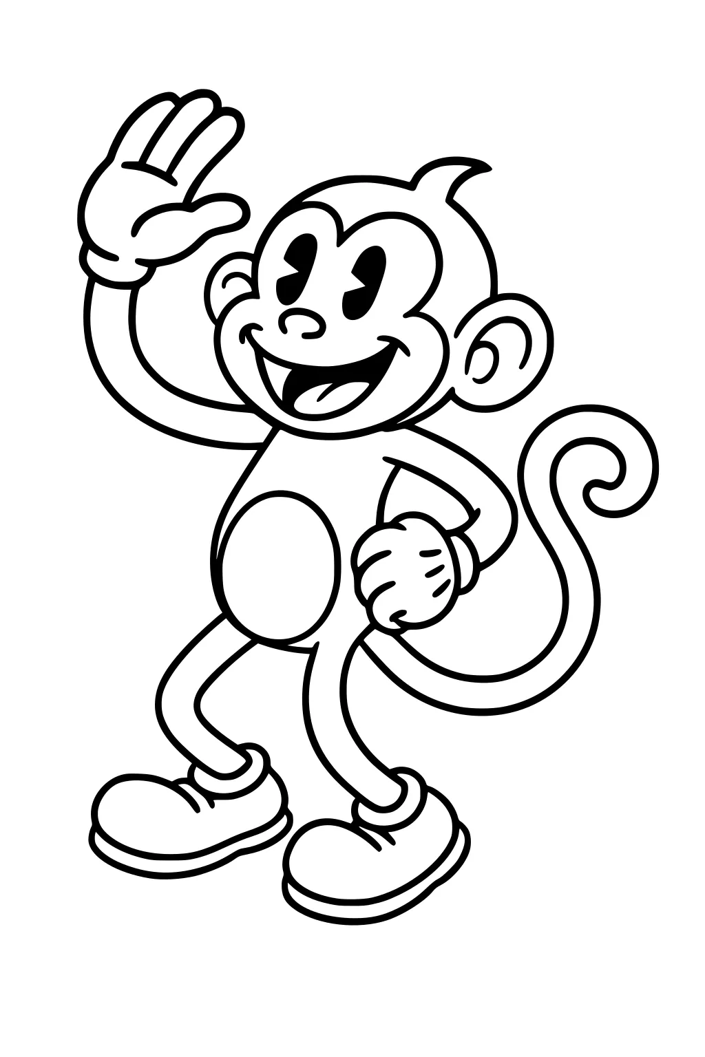 Cartoon monkey standing upright, waving hello, smiling, with large ears, a curly tail, and oversized shoes.