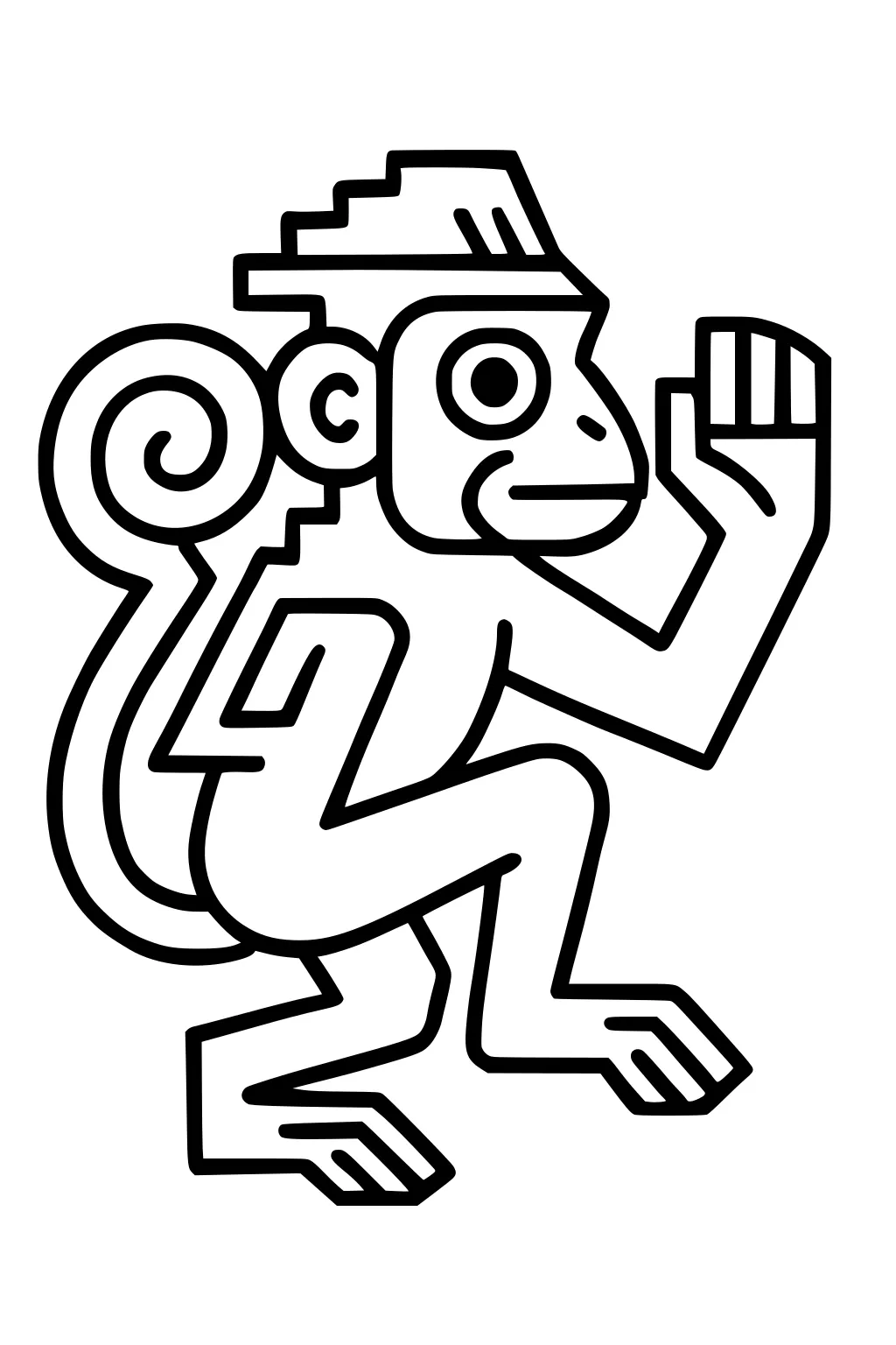 Stylized monkey outline with spiral tail, big eyes, and waving hand facing forward.