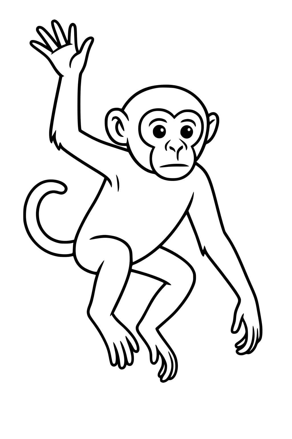 Cartoon monkey raising one hand and curling its tail, with large eyes and simple line detail.