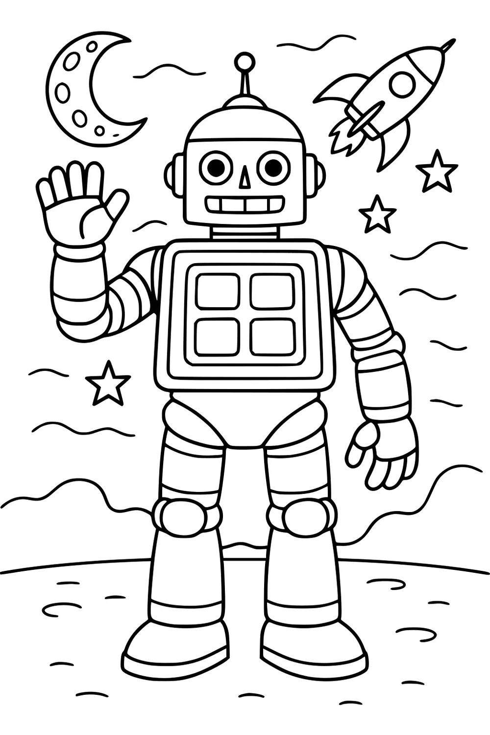 Cartoon robot waves on a moon surface; rocket flies by, crescent moon and stars above; four-panel chest and antenna.