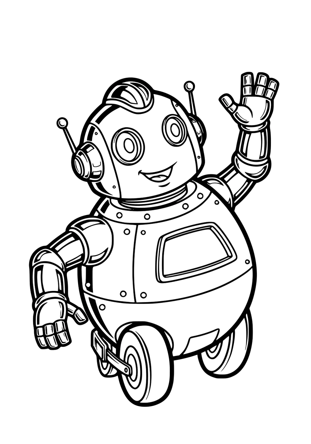 Smiling round robot on two wheels waves; antennae, headset ears, jointed arms, and a chest panel in bold cartoon outlines.