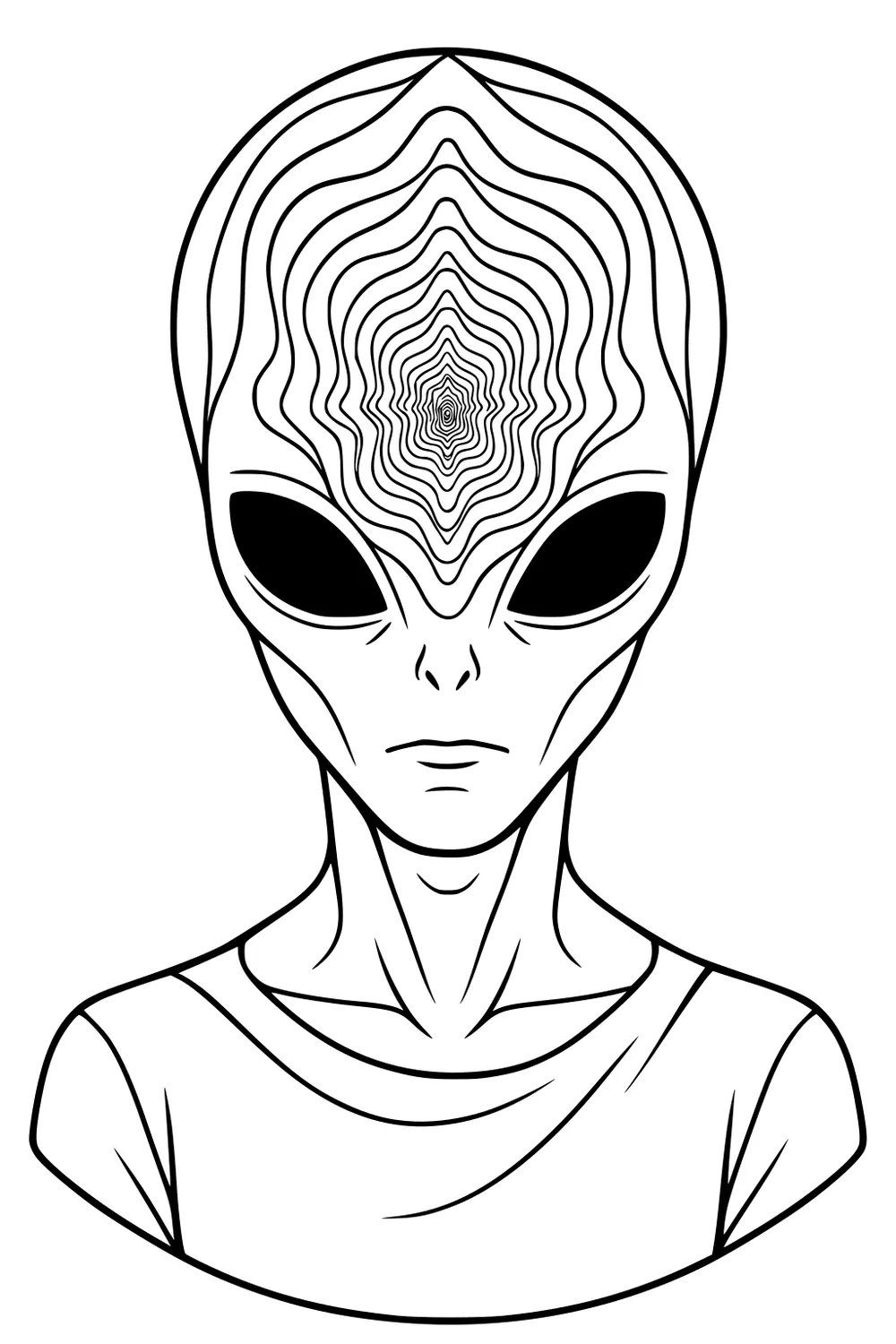 Alien portrait with big black eyes, wavy concentric forehead lines, small mouth, and a simple T-shirt, shown from the front.