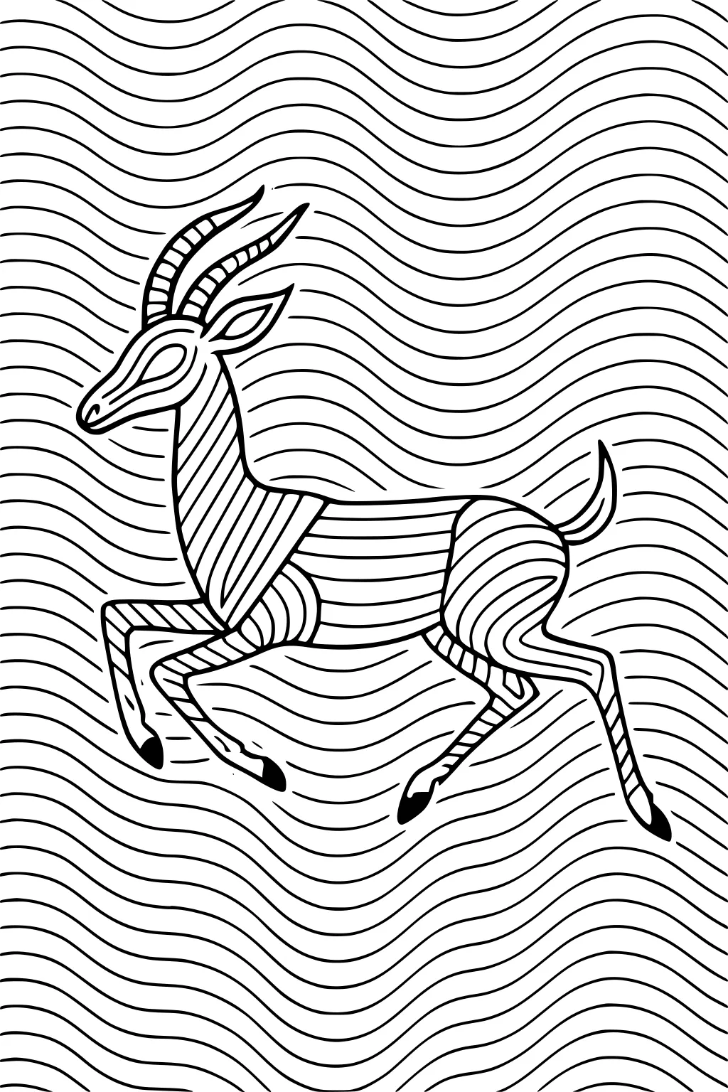 Striped gazelle antelope with curved horns, running against a background of wavy horizontal lines.