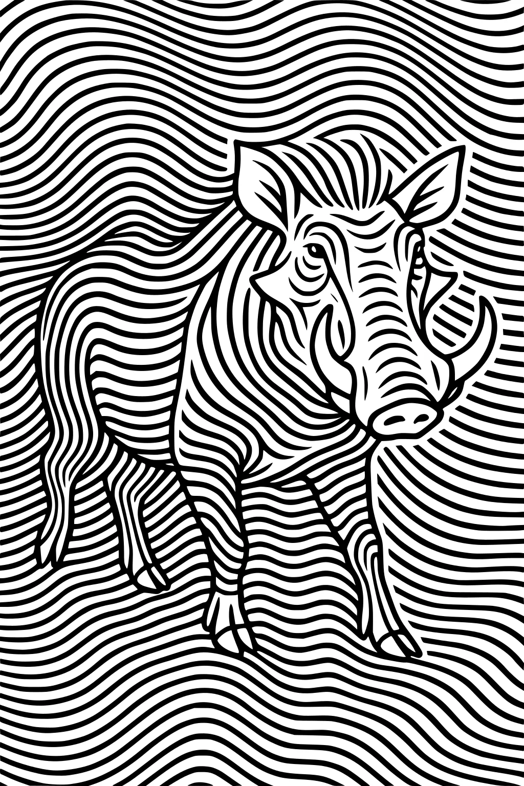 Warthog made of curved black lines, standing with big tusks, upright ears, and wavy background pattern.